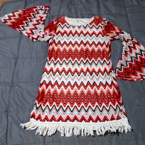 Trippy hippie dance mini dress with bell arms and tassel Fringe edging retro lar